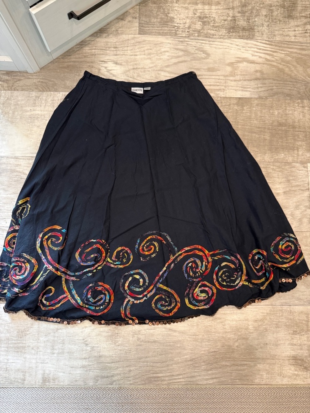 Chico's Black Midi Skirt with Multicolor Swirl Embroidery